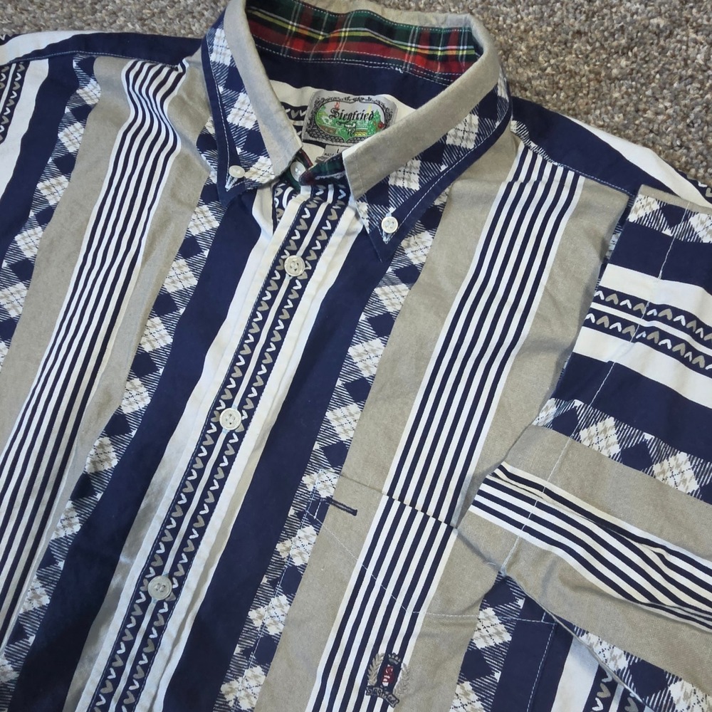 Siegfried Mens Large Short Sleeve Button Down Shirt Navy Argyle Striped Cotton